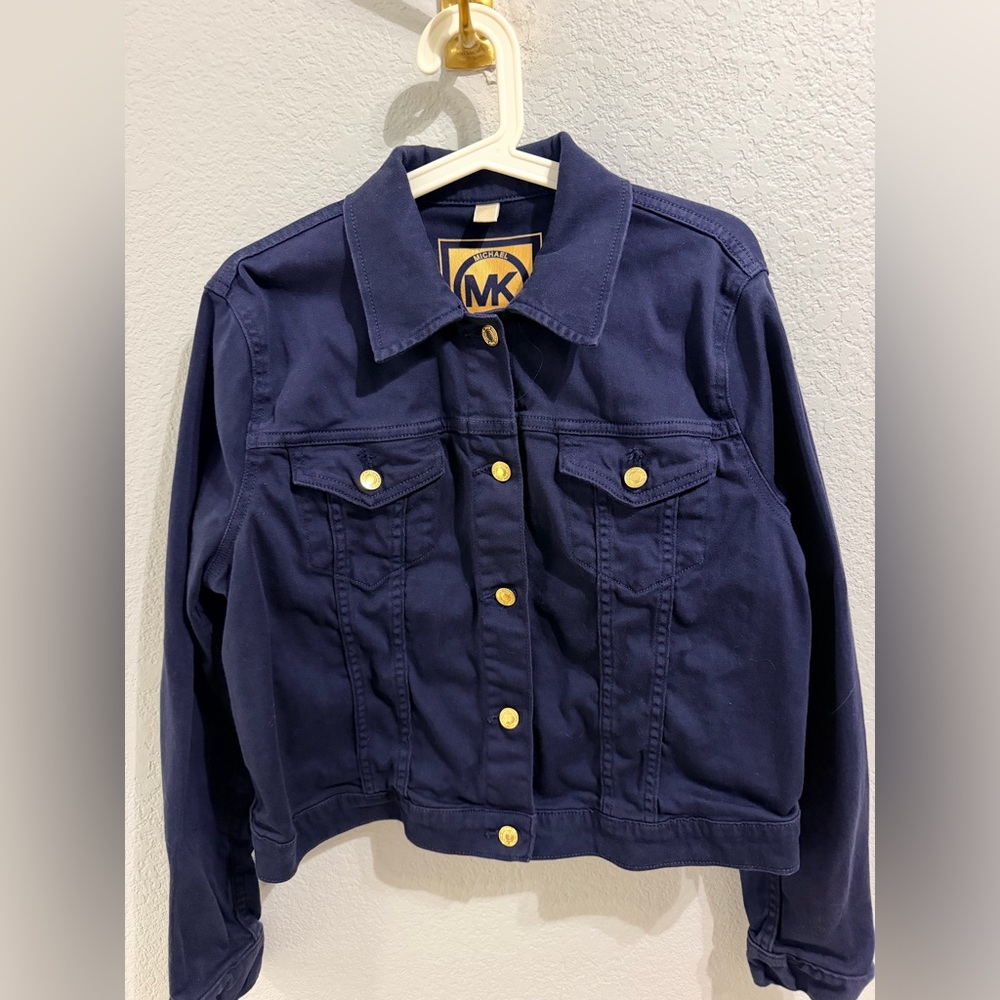 Michael Kors Dark Navy Denim Trucker Jacket with Gold Buttons